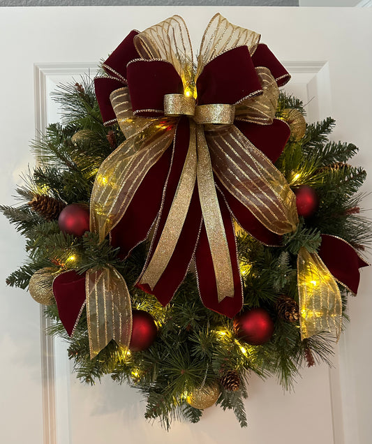 Burgundy Gold Velvet Christmas Wreath and Ribbons