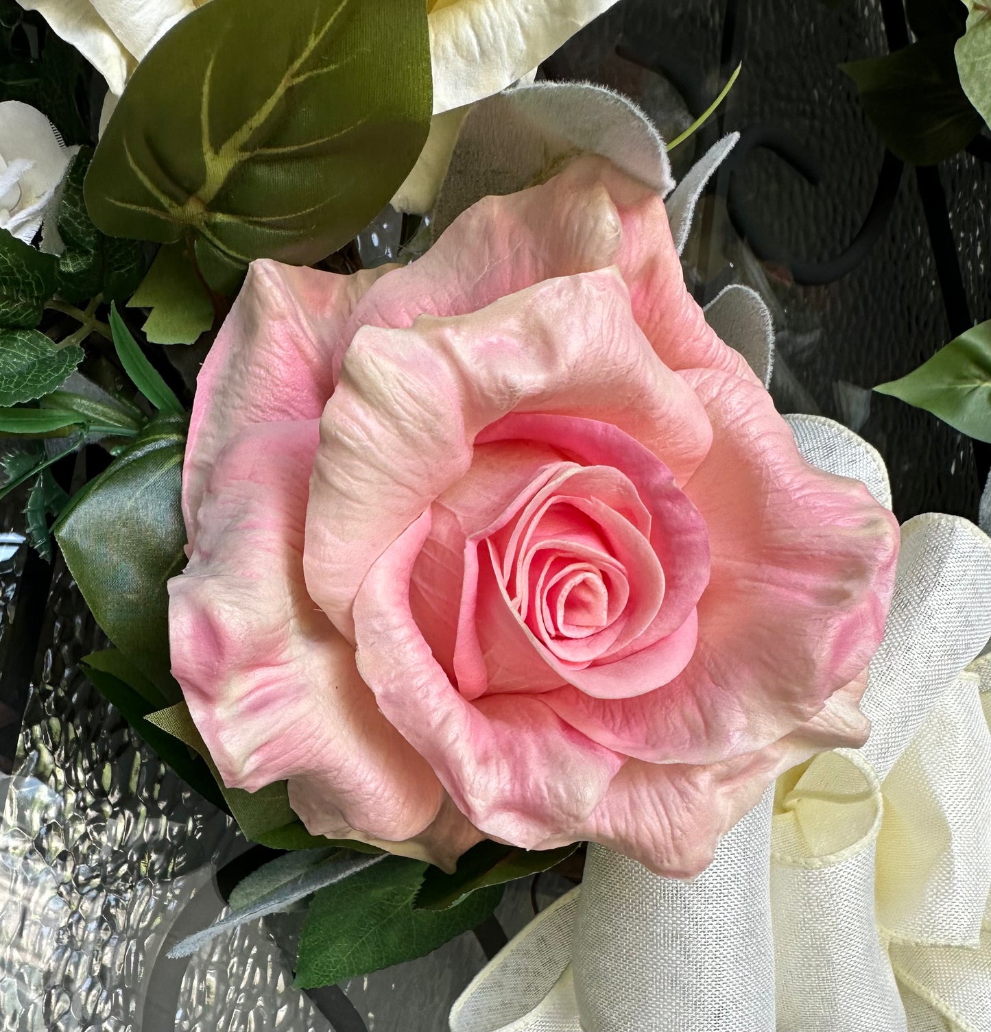 Pink and Ivory Roses on Grapevine Wreath