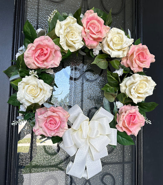 Pink and Ivory Roses on Grapevine Wreath