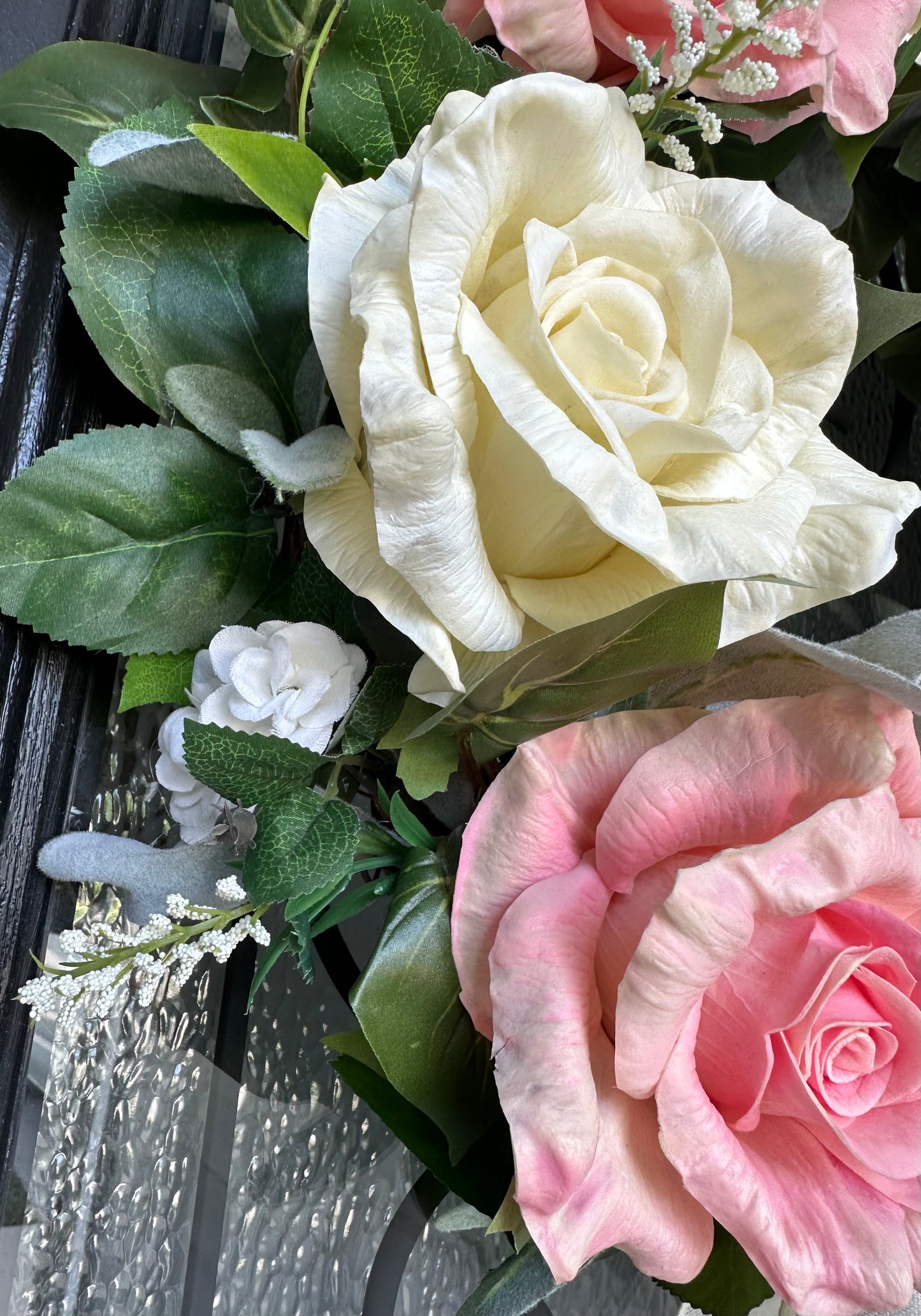 Pink and Ivory Roses on Grapevine Wreath