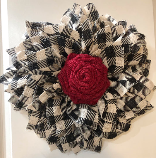 Buffalo Check Wreath with burlap rose center