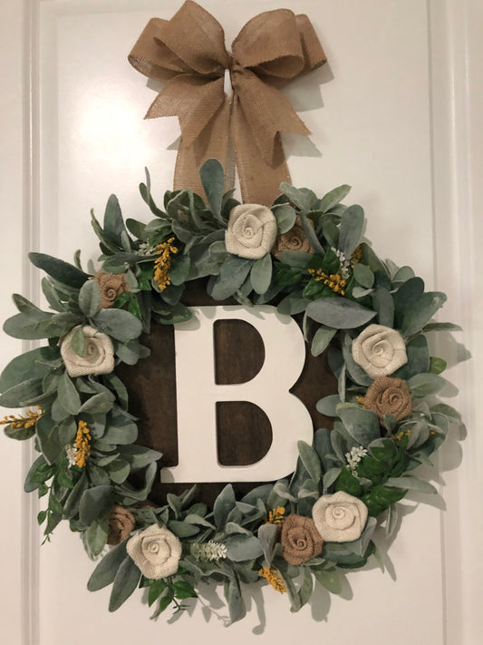 Lamb’s ear with burlap roses and initial