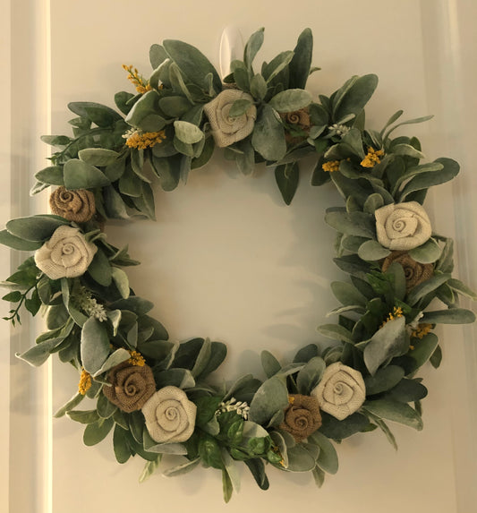 Lamb’s ear with burlap roses