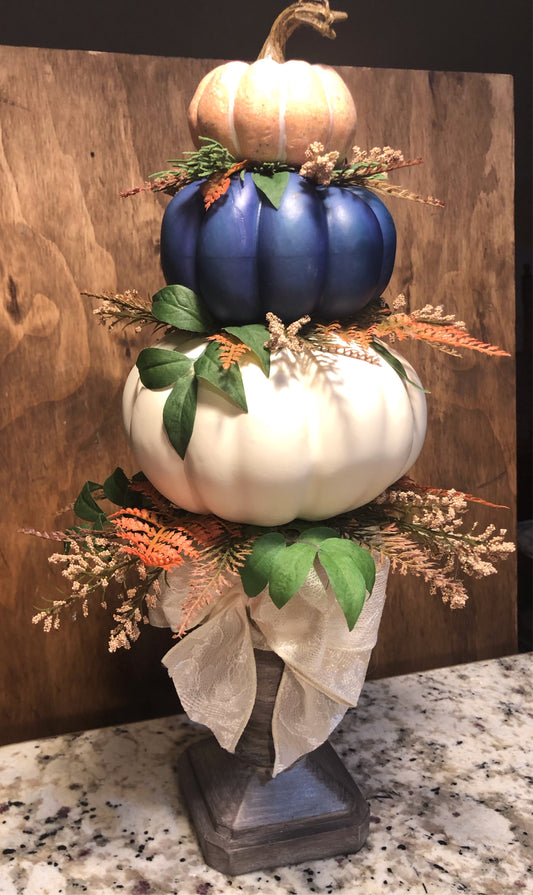 Small Pumpkin Topiary with Ivory Lace Ribbon